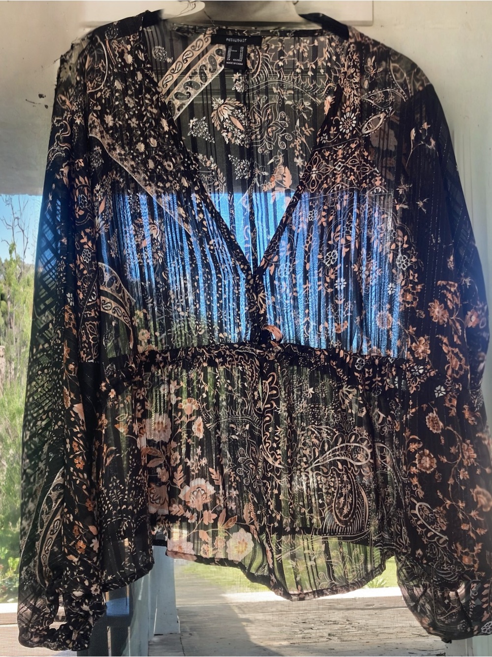 Forever 21 Black Floral Paisley Blouse with Peach Accents